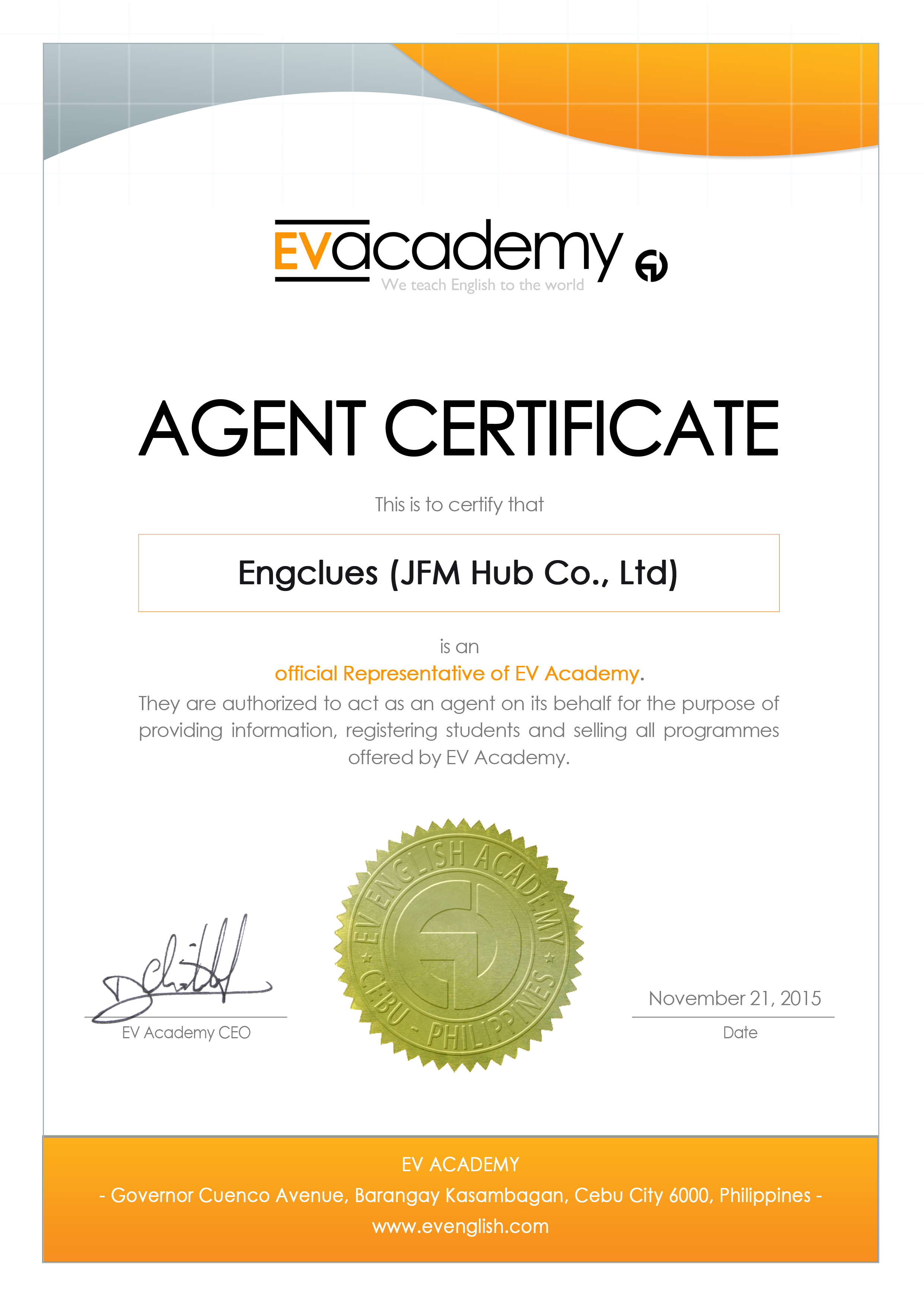 agent certificate - Engclues - TH2015.jpg